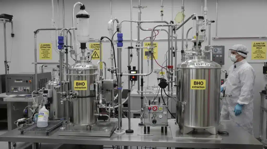 Professional BHO extraction setup with closed-loop equipment and safety measures.
