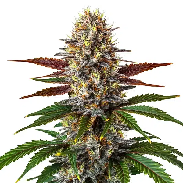 Biscotti Mintz cannabis bud with purple hues, sugar-coated trichomes, and vivid orange hairs