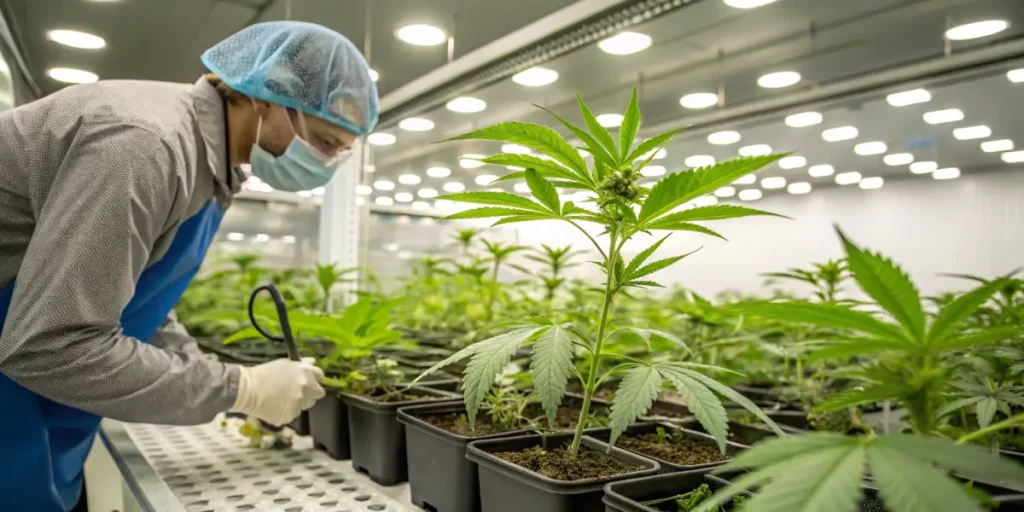 Technician in a hairnet and mask inspecting cannabis plants in a modern indoor cultivation room.