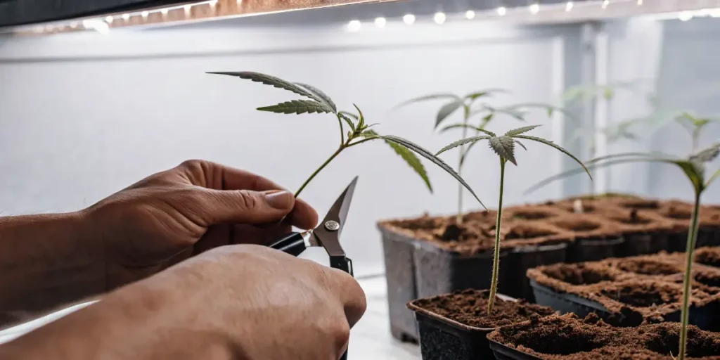 Hands using scissors to cut a cannabis clone from a plant, with other seedlings in pots, under bright lights in a modern indoor cannabis grow room.
