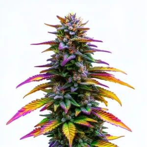 Jealousy cannabis plant with vibrant multicolored leaves, dense purple buds, and bright orange pistils