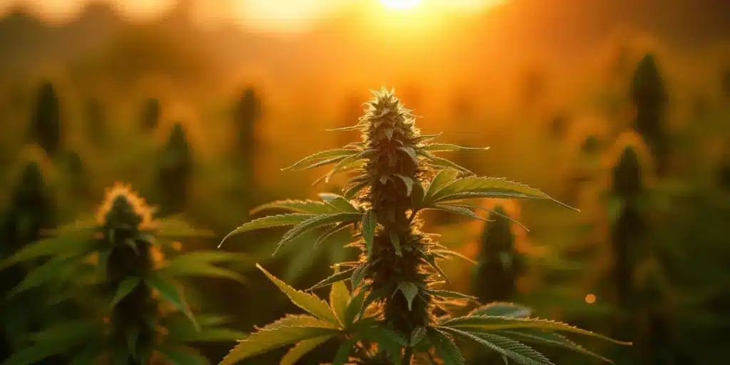 Outdoor Cannabis Grow at Golden Hour: Cultivating Healthy Plants Under Natural Sunlight