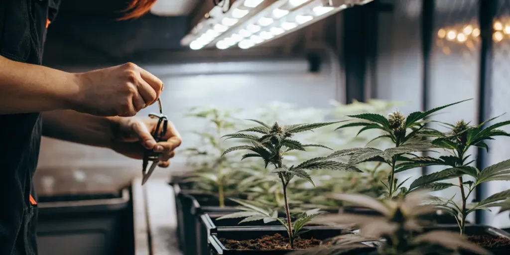 Hands pruning a cannabis plant with small scissors in a row of potted plants under bright grow lights.