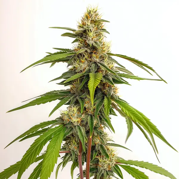 Banizzle cannabis plant with long, thick buds and wide green leaves.