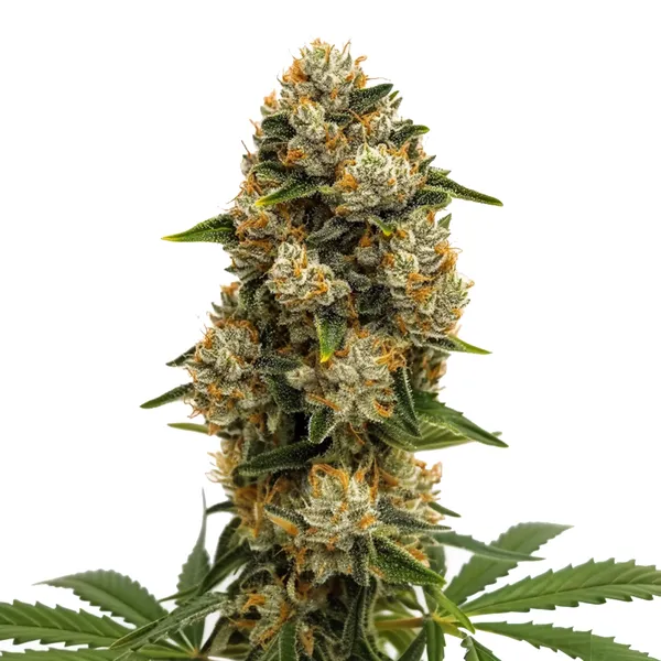 Durban Poison Autoflower cannabis plant with dense frosty buds, bright orange pistils, and dark green leaves