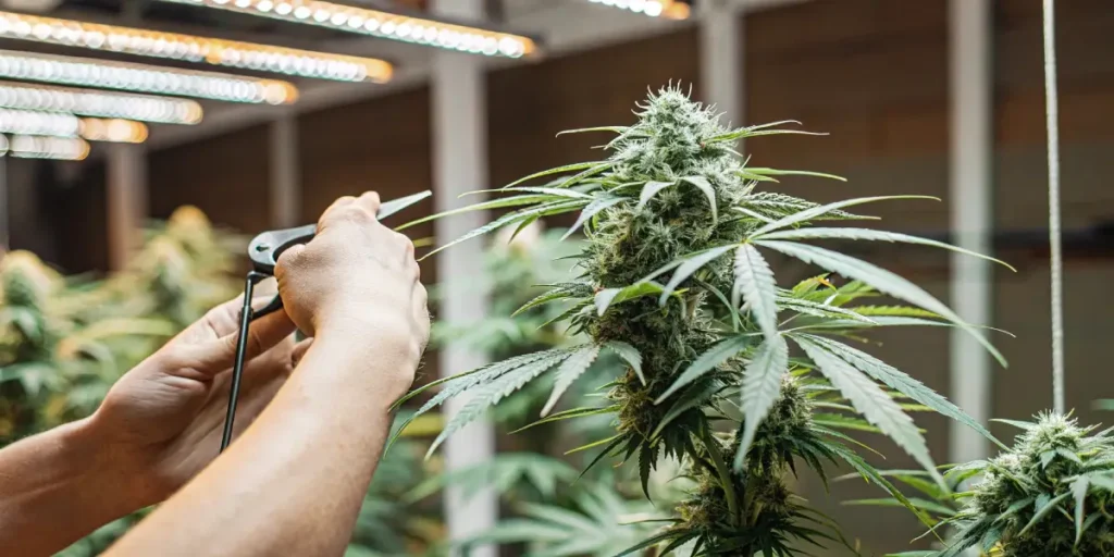Expert gardener using a measuring tool on a large cannabis bud under LED grow lights