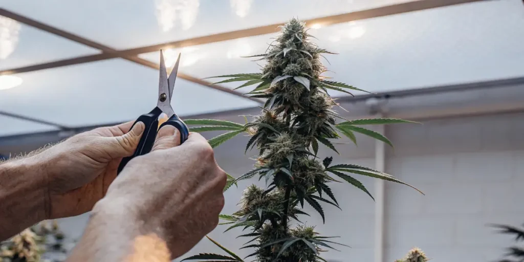 Expert trimming a cannabis plant with scissors in an indoor grow room