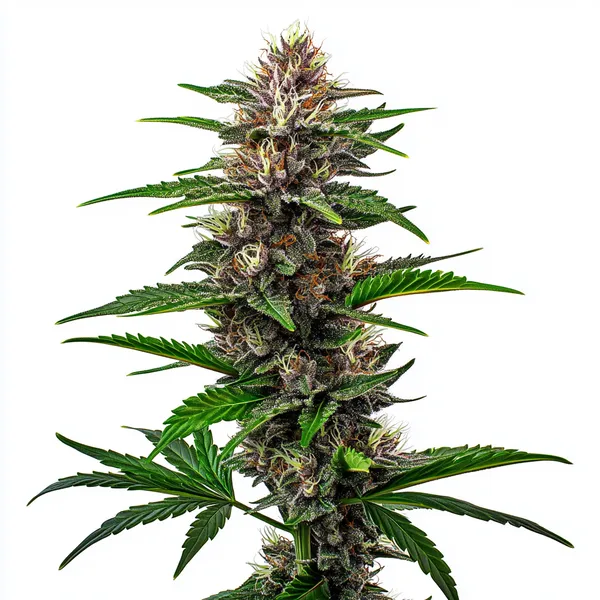 Fat Bastard cannabis plant with large, resinous buds and deep purple hues, highlighted by orange pistils and prominent trichomes, set against a clean white background