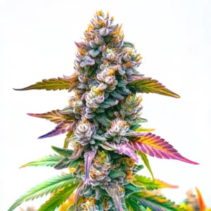 A cannabis plant of the Gary Payton strain, showcasing vibrant purple hues and dense buds with orange pistils.