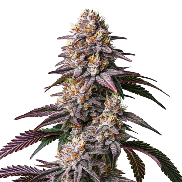 Gelato 41 cannabis plant showcasing purple leaves and dense buds, coated in trichomes with orange pistils.