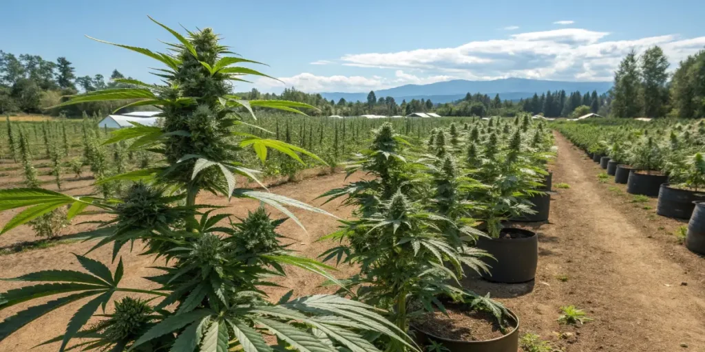 outdoor cannabis farm with flowering plants and scenic mountains in the background