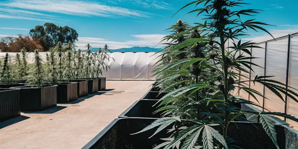 cannabis greenhouse cultivation outdoor scene with mature cannabis plants