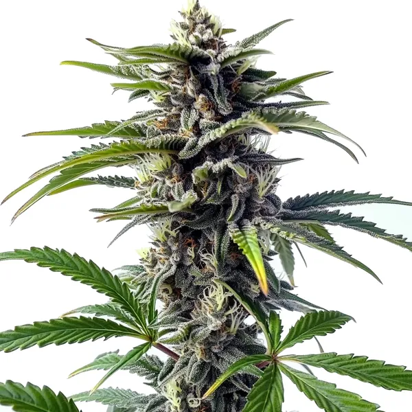 Star Killer Regular cannabis strain featuring dense buds covered in trichomes with dark green leaves. The plant has a frosty appearance and strong, resin-rich buds.