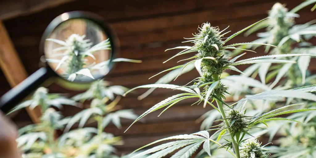 Hand holding magnifying glass over a vibrant green cannabis bud with a wooden background.