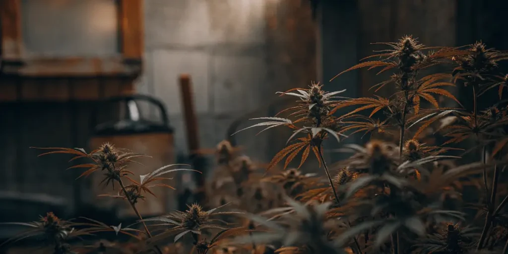 Hyper-realistic outdoor cannabis farm at dusk, with reddish-brown plants and a blurred building in background.