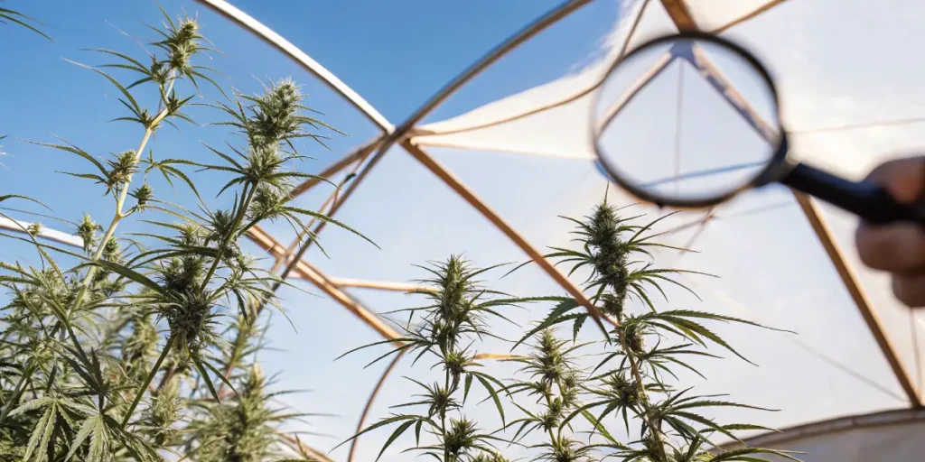 Magnifying glass examining a cannabis plant inside a greenhouse with a blue sky visible.