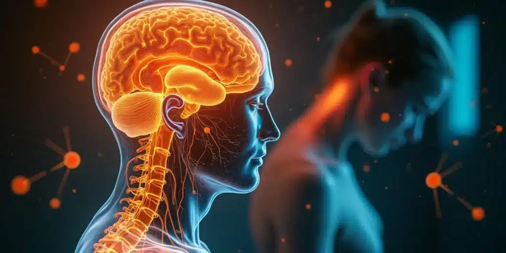 Medical illustration showing the human brain and nervous system, emphasizing how strains for pain interact with neurological pathways to reduce discomfort.