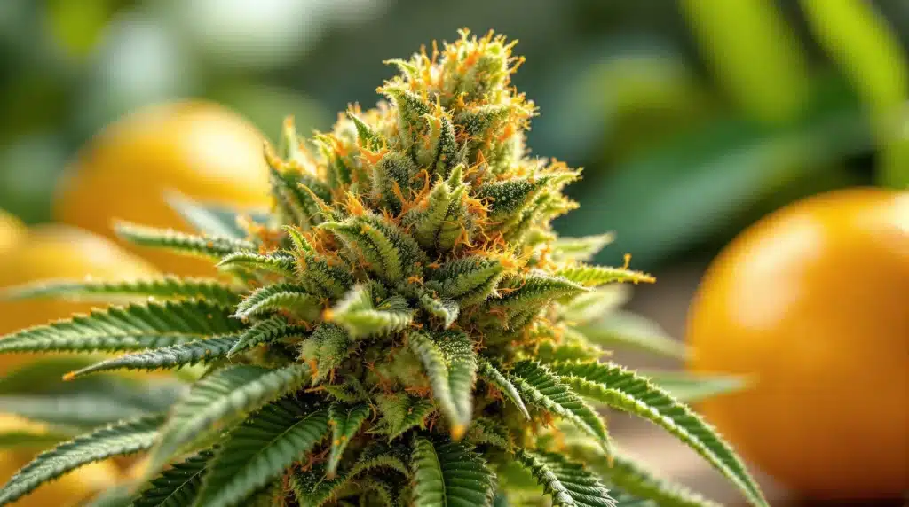 Close-up of a dense cannabis bud with orange pistils and sugar-coated trichomes