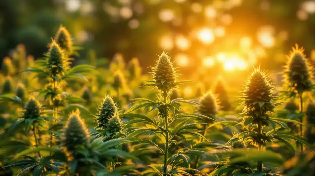 Flowering cannabis plants in a field with a golden sunset in the background