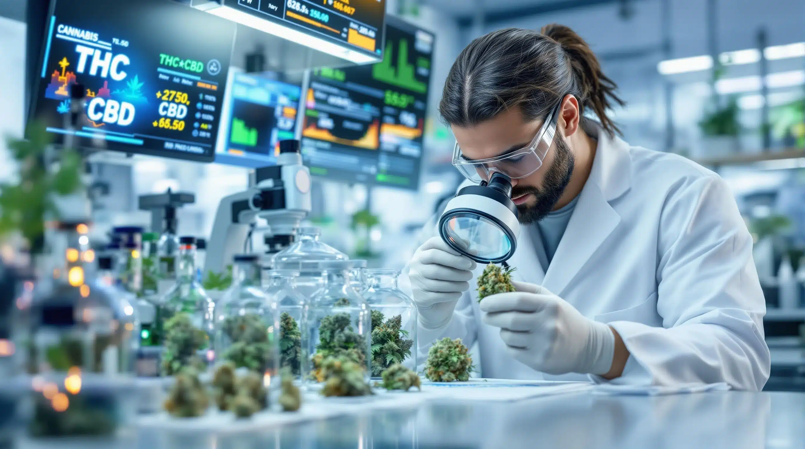 Scientist examining cannabis buds under a magnifying glass in a modern lab