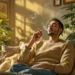 Man relaxing on a couch while smoking a cannabis joint in a sunlit living room