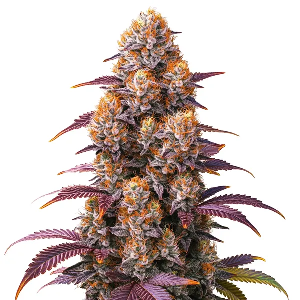 Gelato 45 cannabis plant with purple hues, dense buds, and bright orange pistils.