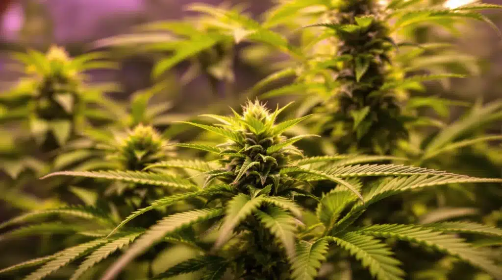 Close-up of cannabis leaves with vibrant green hues in an indoor grow room.