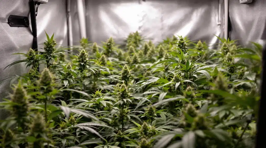 Indoor cannabis plants thriving under LED grow lights in a home setup.