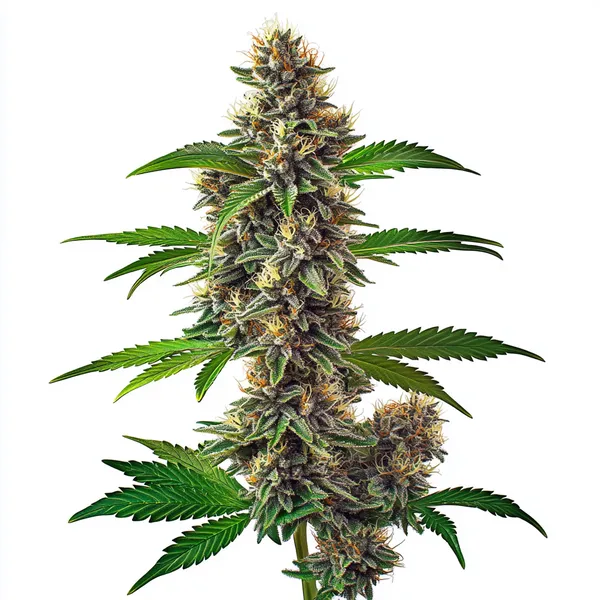 Fat Bastard Auto cannabis plant with dense, frosty buds and orange pistils, surrounded by lush green leaves, set against a white background