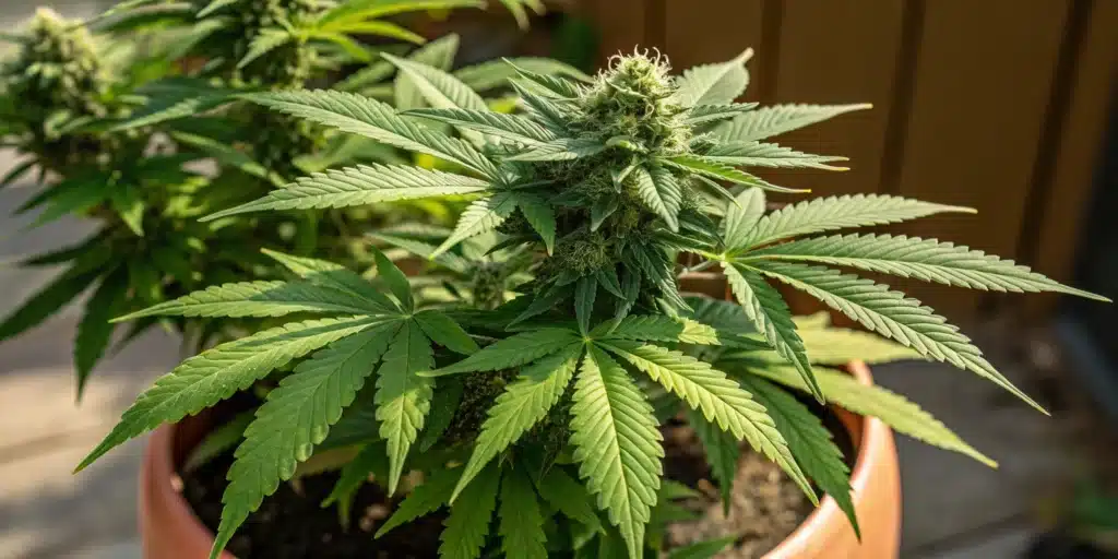 Cannabis plant growing in a terracotta pot near a bright window.