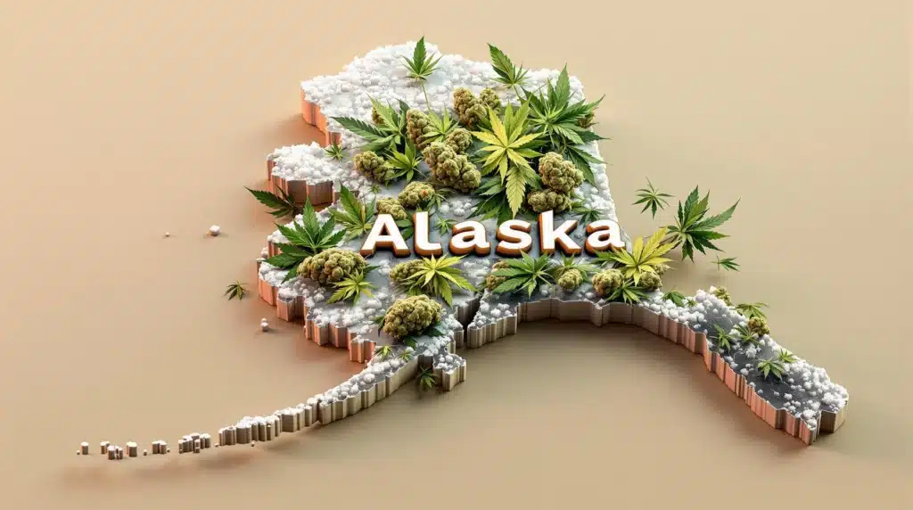 A 3D map of Alaska covered in cannabis leaves and buds, symbolizing marijuana legalization in the state.
