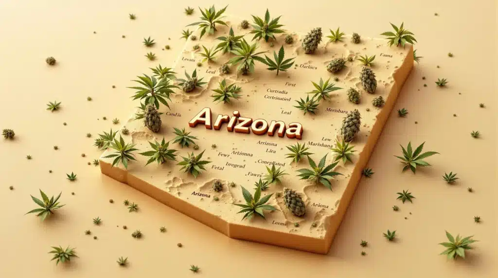 A 3D map of Arizona with cannabis plants and buds scattered across a desert-like landscape.