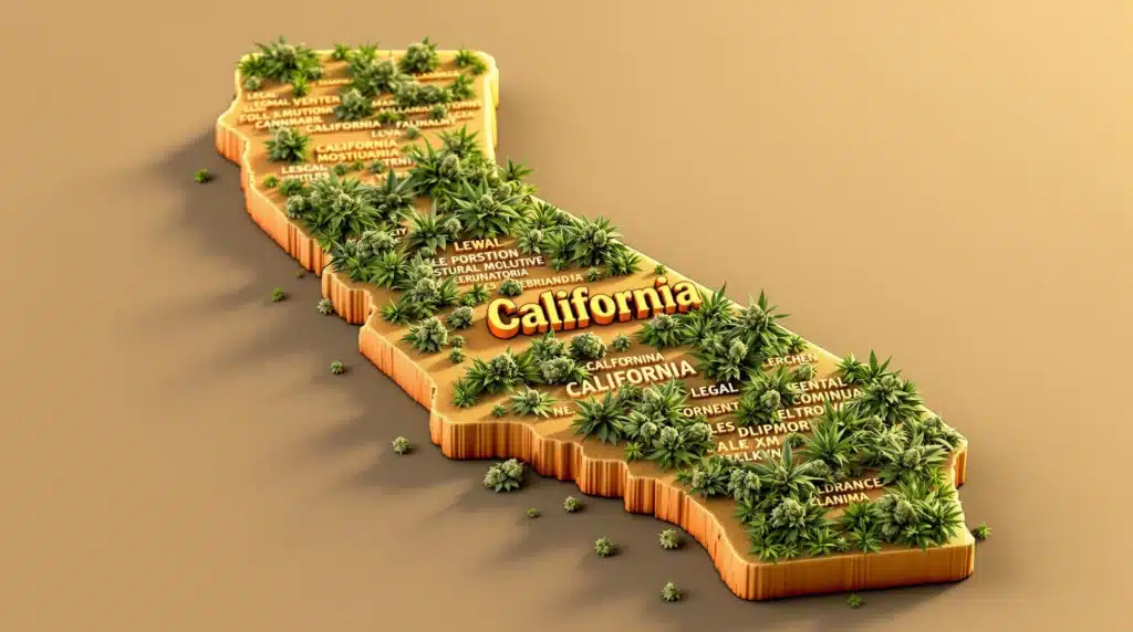 A 3D map of California covered with cannabis plants and buds, symbolizing marijuana legalization in the state.