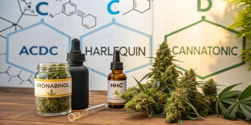 Hyper-realistic digital artwork: cannabis buds, labeled bottles ("Dronabinol," "HHC"), and chemical structures for ACDC, Harlequin, and Cannatonic strains in a lab setting.