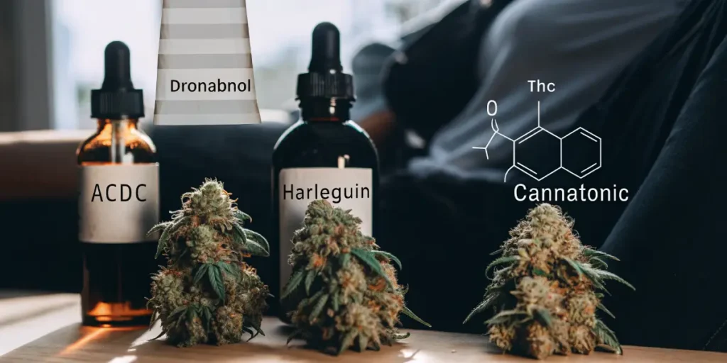 Hyper-realistic digital artwork: dropper bottles labeled "ACDC" and "Harlequin," a chemical structure of "Cannatonic," and cannabis buds on a wooden surface, with a person sitting on a blurred sofa in background.