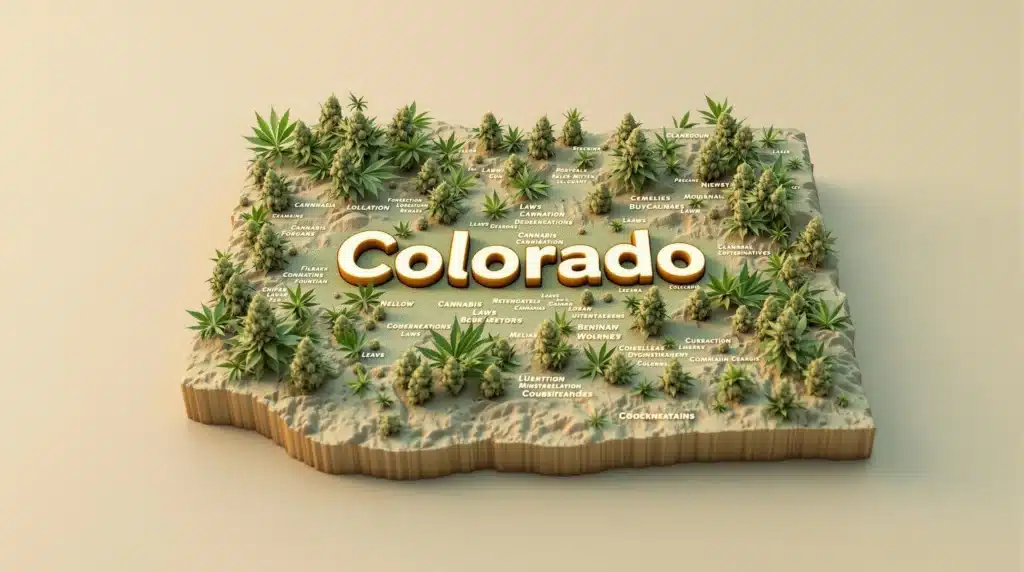 A 3D map of Colorado covered with cannabis plants and buds, symbolizing marijuana legalization in the state.