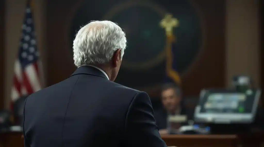 A senior man in a dark suit testifying in a courtroom, with a judge and legal staff in the background.
