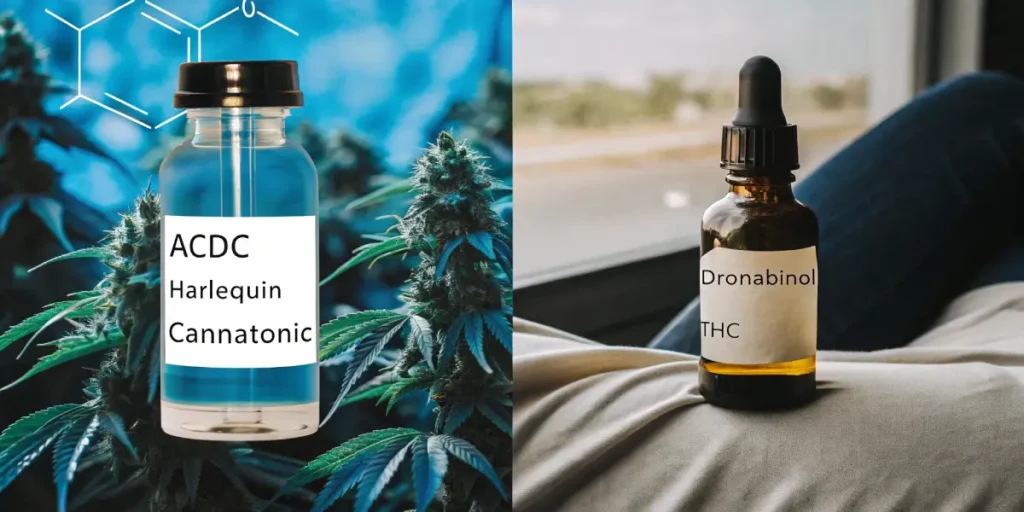 Hyper-realistic digital artwork: a clear bottle labeled "ACDC Harlequin Cannatonic" in front of a cannabis plant and chemical structure, next to a brown bottle labeled "Dronabinol THC" on a bed.