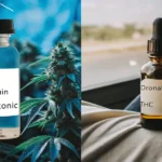 Hyper-realistic digital artwork: a clear bottle labeled "ACDC Harlequin Cannatonic" in front of a cannabis plant and chemical structure, next to a brown bottle labeled "Dronabinol THC" on a bed.