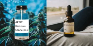 Hyper-realistic digital artwork: a clear bottle labeled "ACDC Harlequin Cannatonic" in front of a cannabis plant and chemical structure, next to a brown bottle labeled "Dronabinol THC" on a bed.