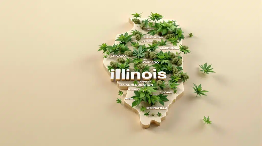A 3D map of Illinois covered with cannabis plants and buds, symbolizing marijuana legalization in the state.
