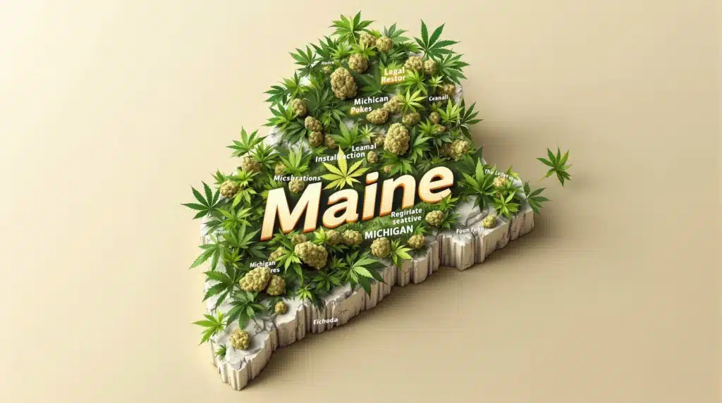 A 3D map of Maine covered with cannabis plants and buds, symbolizing marijuana legalization in the state.