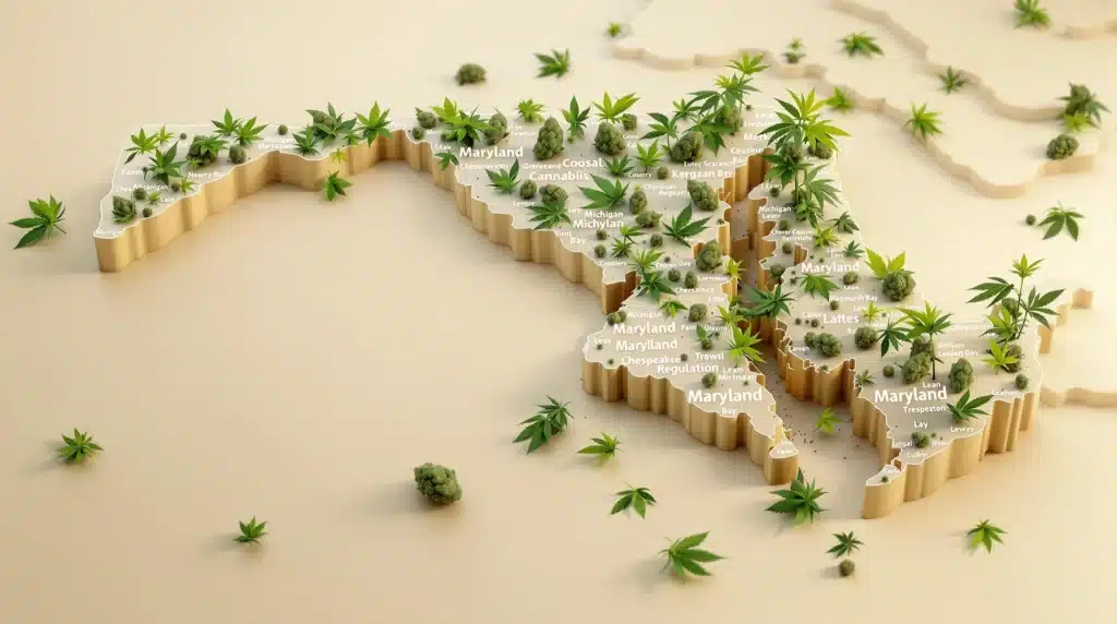 A 3D map of Maryland covered with cannabis plants and buds, symbolizing marijuana legalization in the state.