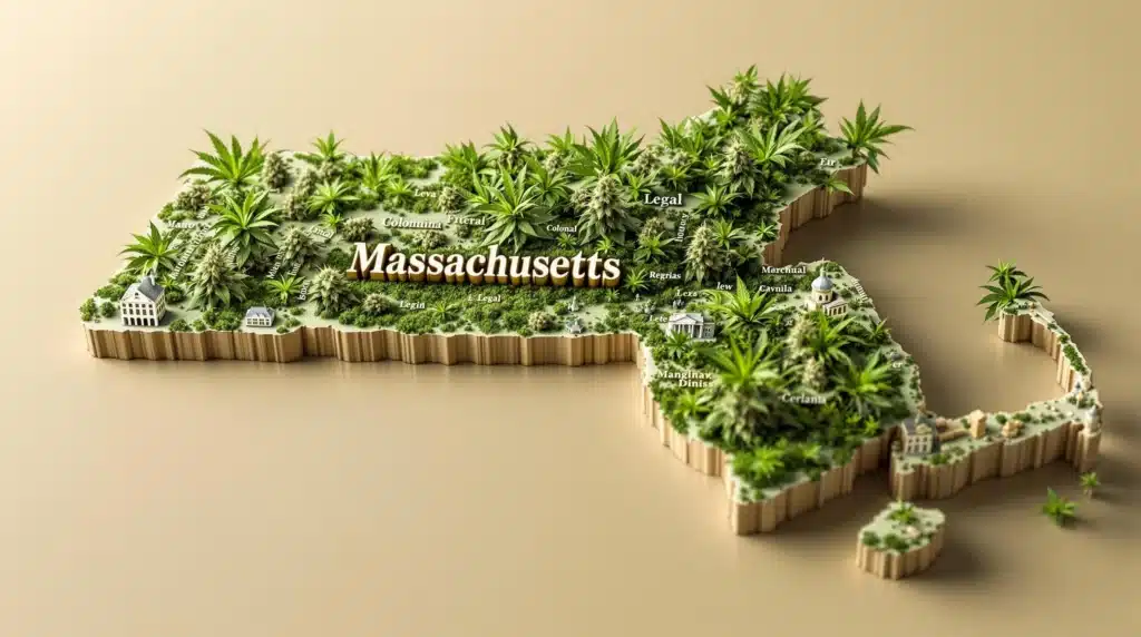 A 3D map of Massachusetts covered with cannabis plants and buds, symbolizing marijuana legalization in the state.