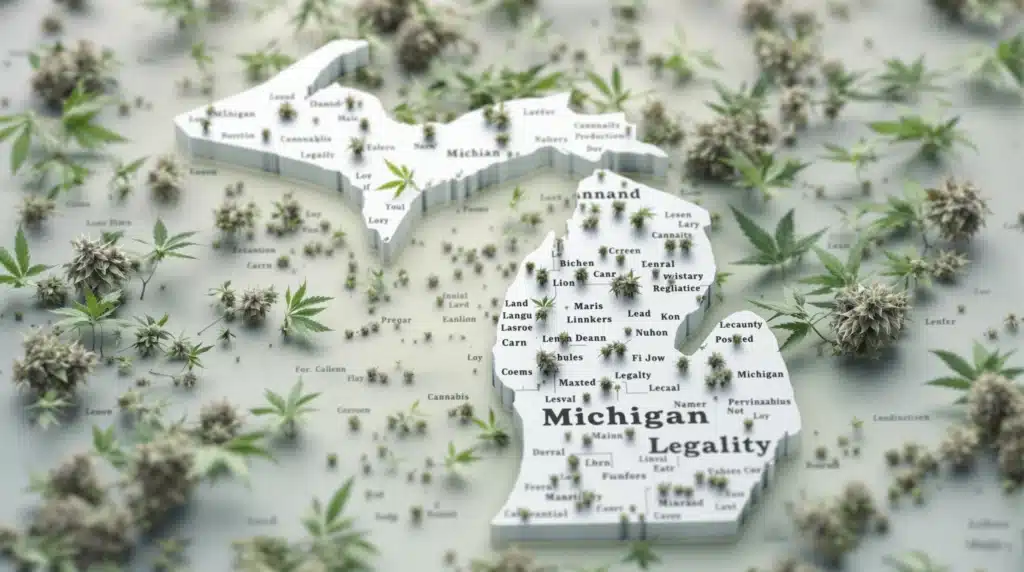 A stylized 3D map of Michigan covered with cannabis plants and buds, symbolizing cannabis legality.