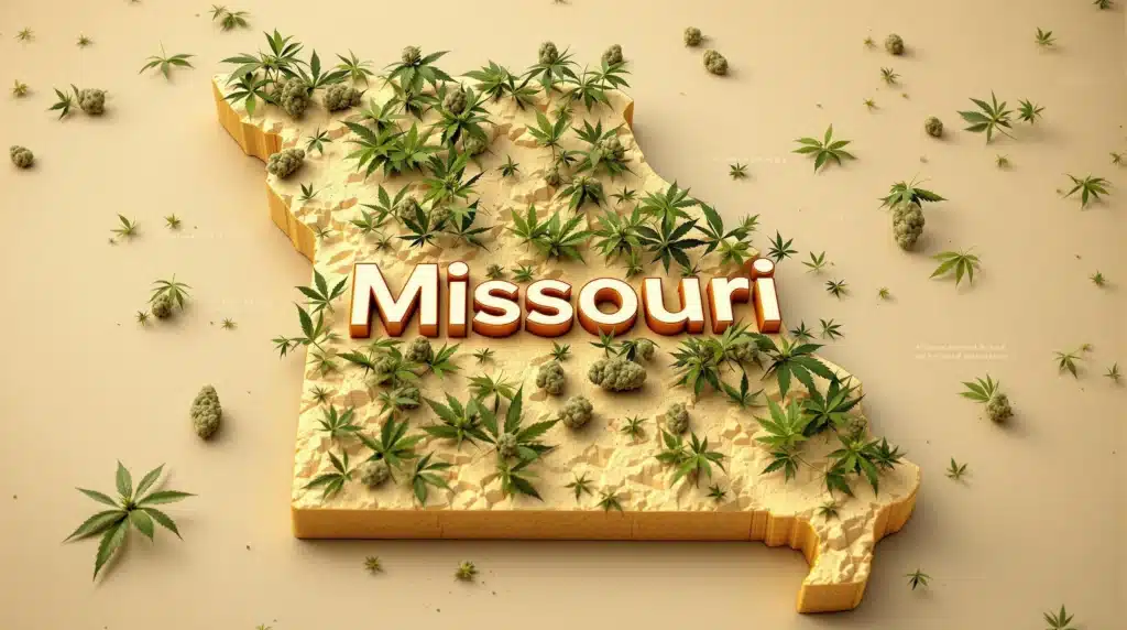 A 3D map of Missouri covered with cannabis plants and buds, symbolizing marijuana legalization in the state.
