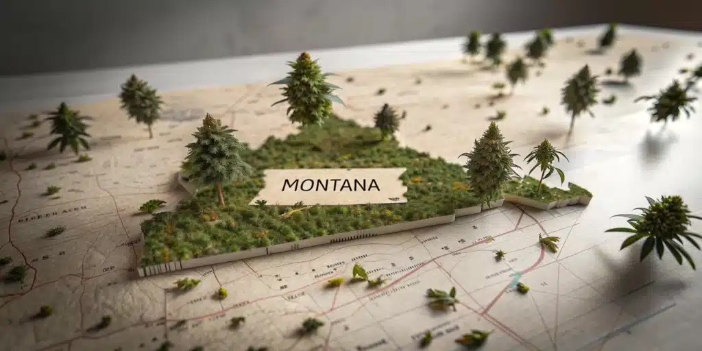 A 3D map of Montana raised from a paper map, covered with cannabis plants and buds, symbolizing marijuana legalization.