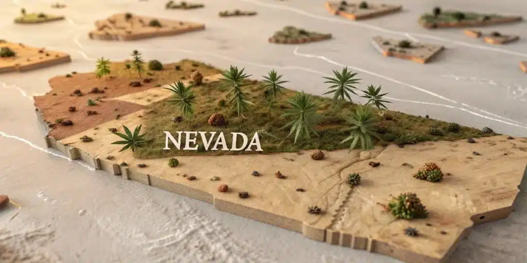 A 3D map of Nevada raised from a paper map, featuring cannabis plants symbolizing marijuana legalization.