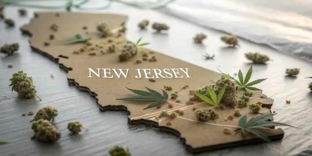 A 3D map of New Jersey raised from a surface, covered with cannabis buds and leaves, symbolizing marijuana legalization.