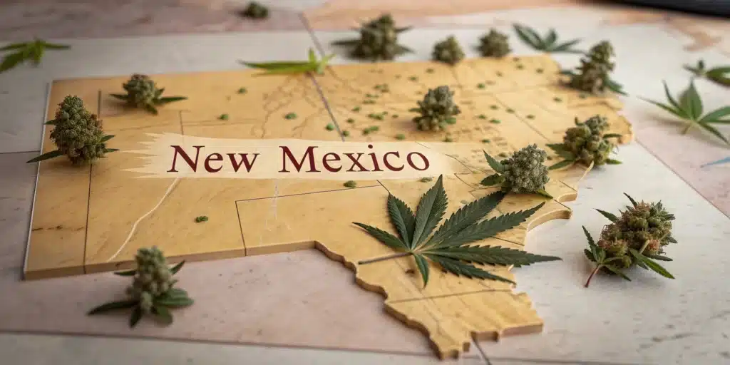 A 3D map of New Mexico raised from a surface, adorned with cannabis buds and leaves, symbolizing marijuana legalization.